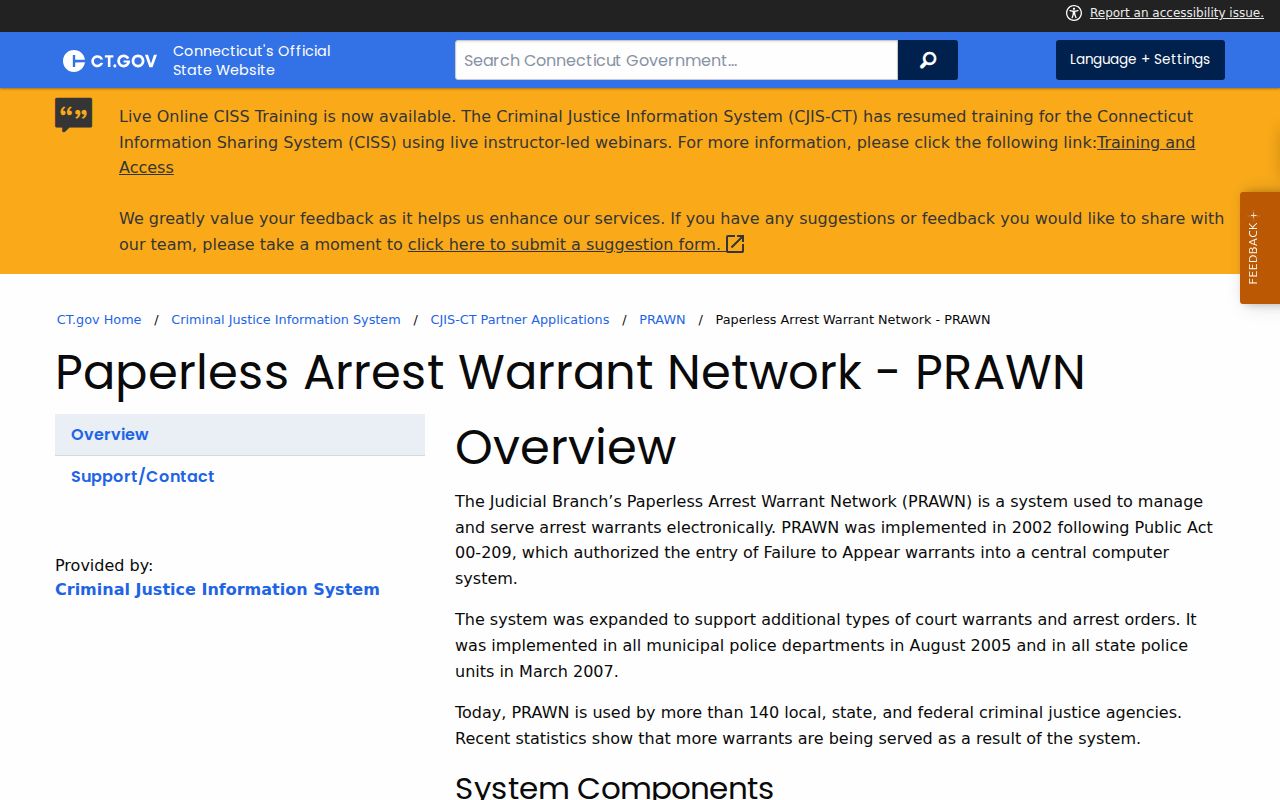 Hartford County warrant records restricted PRAWN network description