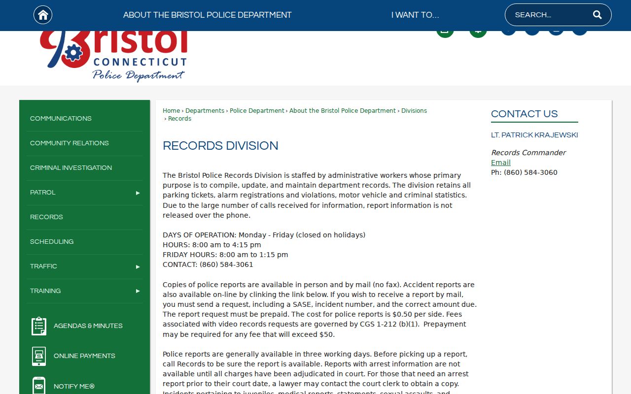 Bristol Police Records counter instructions, hours, and fees