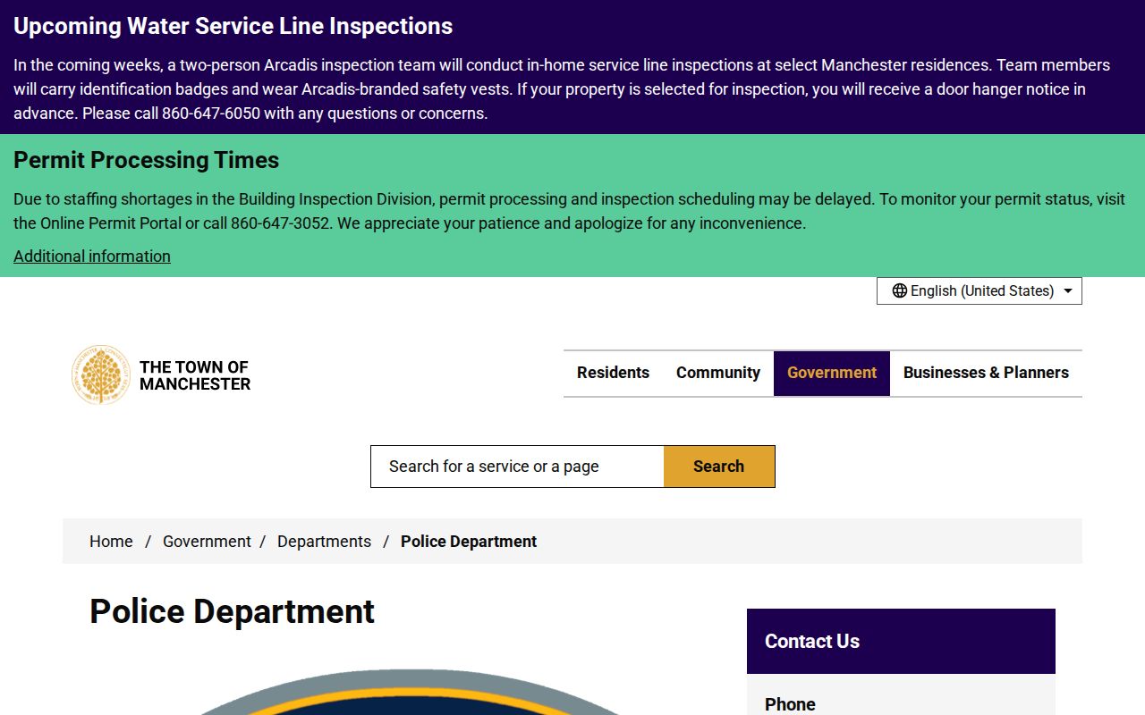 Manchester Police page with records and traffic information links