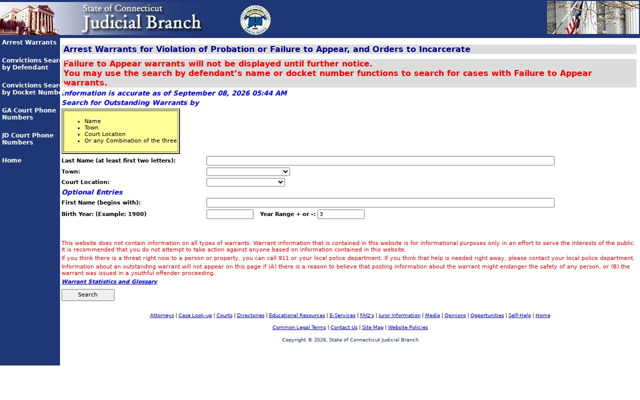 Hartford County warrant search name birth year town and court fields